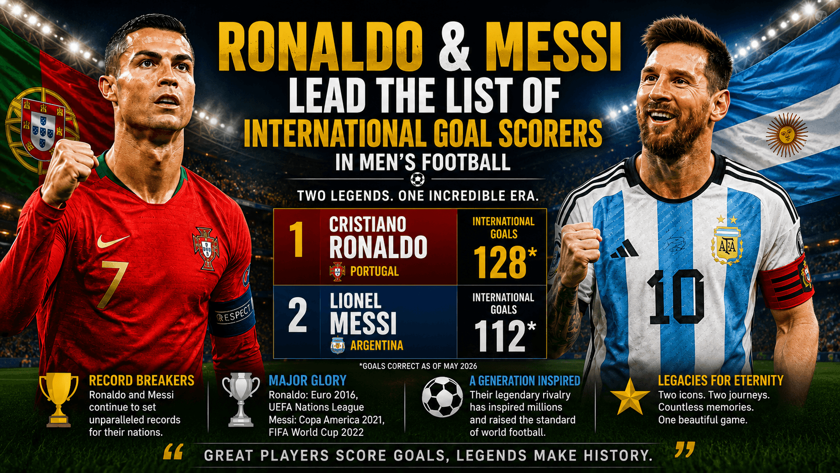 Cristiano Ronaldo and Lionel Messi Lead the List of International Goal Scorers? image